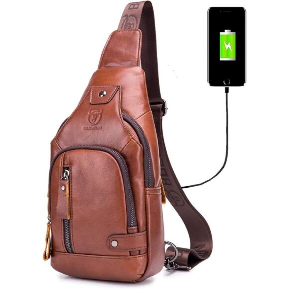 Genuine Leather Sling Bag with USB Charging Port Multi-pocket Chest Bag